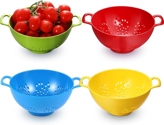 4 Pack Mini Colander for Kitchen Plastic Berry Strainer with Double Handles 7.5 x 6 x 3 Inch Small Colander Strainer for Fruits Vegetables Food (Green,Red,Blue,Lemon Yellow)