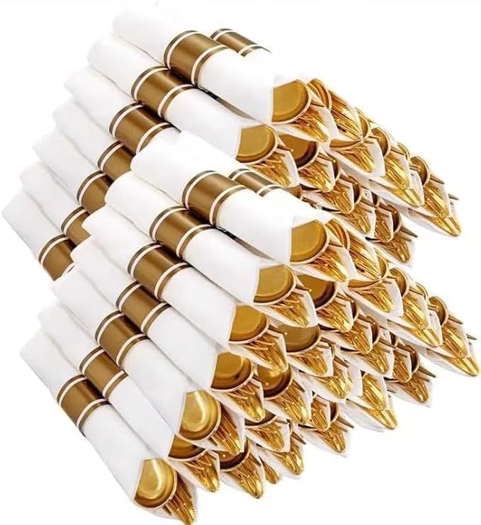 400PCS Pre Rolled Gold Plastic Silverware Set Heavy Duty for Wedding | Wrapped Utensils, Disposable Cutlery, 100 Pack, Durable and Sturdy, BPA free, Includes Napkins, for Party, Event Supplies