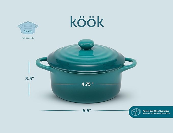 Kook Ceramic Mini Cocotte Set, Small Casserole Dishes with Lids and Handles, Individual Baking Ramekins, Oven Safe 350F, Microwave & Dishwasher Safe, Stoneware, 12 oz, Set of 4, (Aqua Ombre)