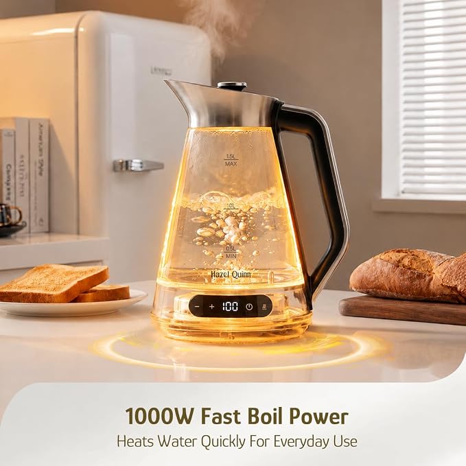 Hazel Quinn Glass & Stainless Steel Electric Kettle, 1.5 Liters Tea Kettle | Quiet Boil, ±1°C Temp Control, 24H Keep Warm, Anti-Residue Bottom, Auto Shut-Off, BPA-Free Hot Water Kettle, 1000W Fast Boil
