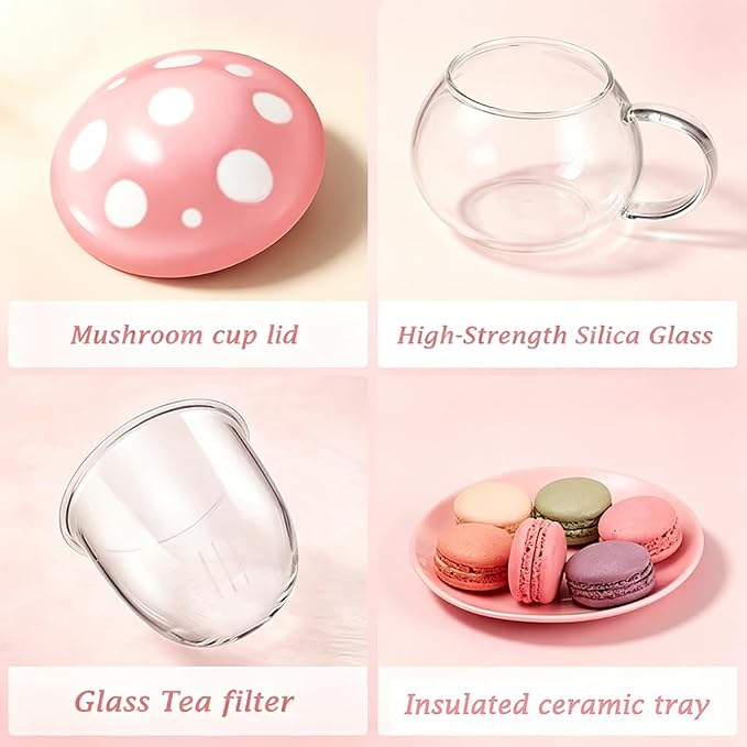 Mushroom Tea Cup Set, Cute Cups Glass Tea Cups with Infuser and Lid, Kawaii Teacup for Loose Leaf Tea Steeper, Coffee Mugs with Saucers, Blooming Tea, Tea Maker Gifts for Women Girls Birthday (Pink)