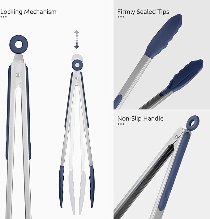 U-Taste Kitchen Tongs for Cooking, 600ºF Heat-Resistant, 2Pcs/Midnight Blue | Silicone Tong Set 9/12in, Salad/Grill/BBQ Plastic Tong for Food Serving, Rubber Tipped Tong with 18/8 Stainless Steel Handle