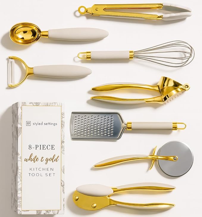 Styled Settings White & Gold Cooking Utensils Set, 8-Piece | Kitchen Utensils Set Includes Can Opener, Tongs and Garlic Press, White and Gold Kitchen Accessories for Kitchens
