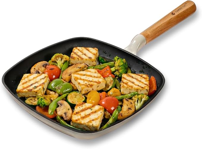 CUMIN CO. Enameled Cast Iron Grill Pan 10 Inch, 1.2 QT Grill Skillet – Non Toxic PFAS Free Cookware – Indoor Grill Pan for Steak, Chicken, Burgers & Vegetables – Induction & Oven Safe (White)