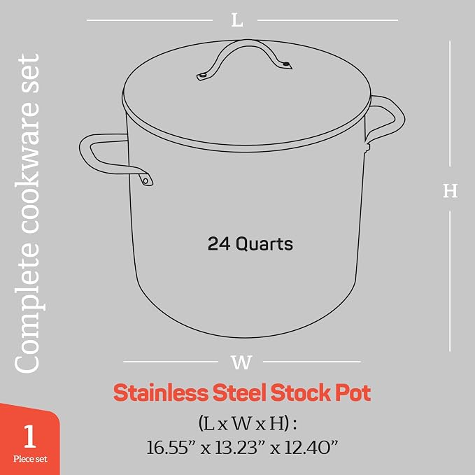 Stainless Steel Stockpot with Tempered Glass Lid 24 Quart, Durable 18/0 Stainless Steel, Impact-Bonded Base for Even Heating, Riveted Handles, Oven & All Stove Compatible, Safe Up To 500°F (260°C)
