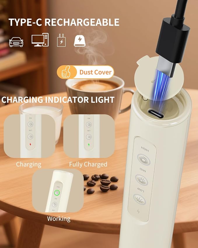CIRCLE JOY Rechargeable Handheld Milk Frother Wand with Stand, 3 Variable Speeds, 3 Whisks and Storage Box, Electric Drink Mixer for Latte, Cappuccino, Hot Chocolate, Eggs and Protein Powder, Beige