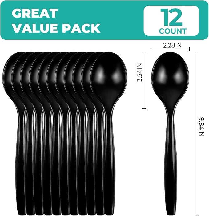 CXPSINC 12 Count Black Plastic Serving Spoons, 10" Disposable Heavy Duty Plastic Serving Utensils for Catering Weddings Parties Buffets Events and Stock Your Home (Black, 12PCS Spoons)