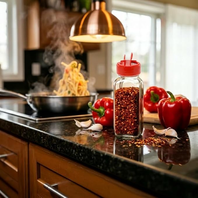 Glass Spice Jars with Shaker Lids - Spice Jars 16 oz for Food Storage, Spice Containers for Kitchen Organization, Organizing Bottles for Spices (French Square Red - 2pack)