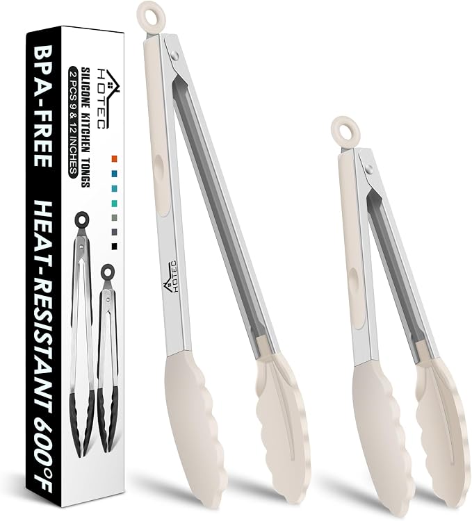 HOTEC Premium Stainless Steel Locking Kitchen Tongs with Silicon Tips, Set of 2-9" and 12",Khaki