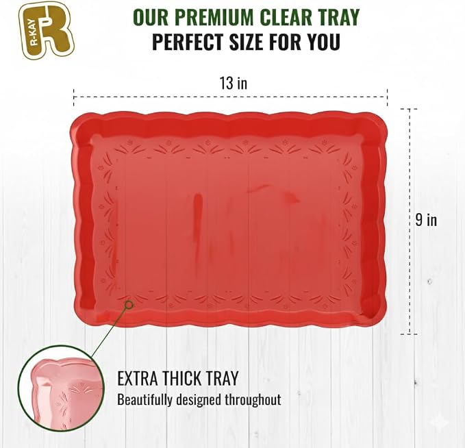 6 Pack Red Plastic Serving Trays for Party, 9 x 13 Inch - Heavy Duty Plastic Trays for Food - Rectangular Party Serving Trays and Platters - Red Disposable Trays