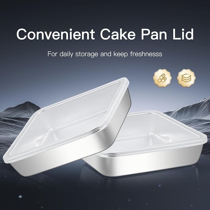Premium 18/0 Stainless Steel Square Cake Pan with PE Lid (2-Pack), 8x8x2 Inch Heavy-Duty Baking Mold for Brownie, Casserole & Oven Baking, Dishwasher Safe Bakeware Set