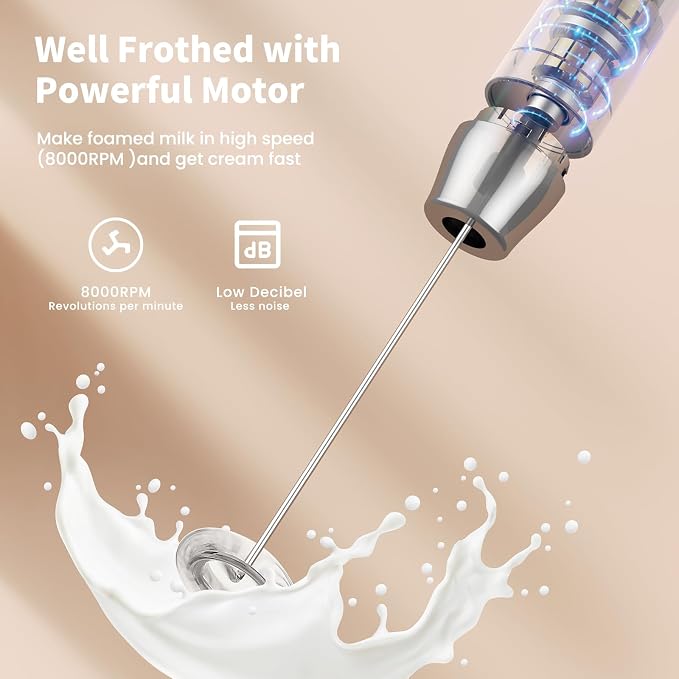 Maestri House Rechargeable Milk Frother,Stand & 3 Detachable Whisks | Lunafro Plus 8000RPM Turbo Motor, 1200mAh lithium battery, Handheld Milk Frother for, Cappuccino, Matcha & Protein Powder