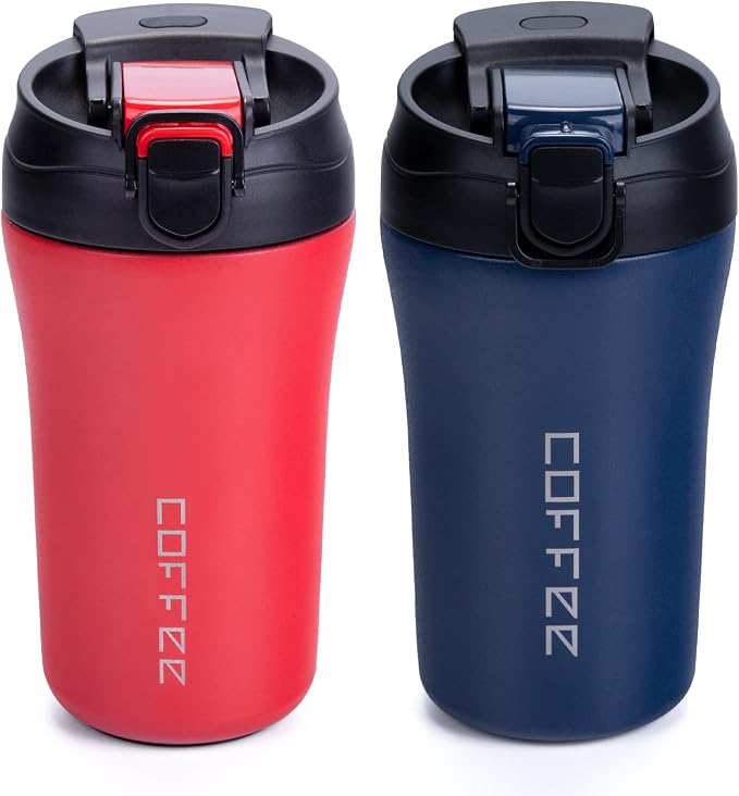 14 oz Travel Coffee Mug, 2 Pack Vacuum Insulated Coffee Travel Mug Spill Proof with Lid and Straw, Stainless Steel Reusable Coffee Tumbler for Hot and Cold Drinks, Gift for Men and Women(Red Blue) | Spill proof coffee travel mug with lid & straw for ho...
