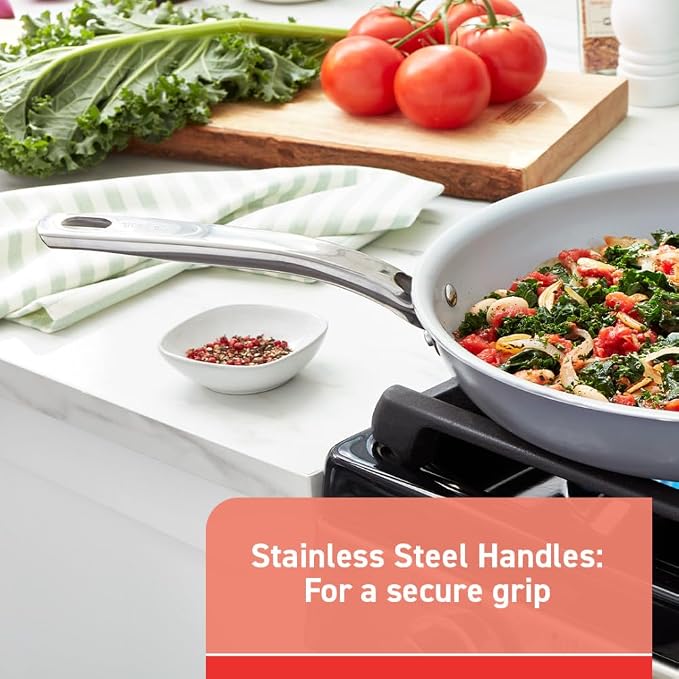 T-fal Fresh Gourmet Recycled Ceramic Non Stick Cookware Set 12 Piece, Oven Broiler Safe 500F, Lid Safe 350F, Kitchen Cooking Set W/Fry Pans, Saucepans, Dutch Oven, Utensils, Pots and Pans Set, Grey