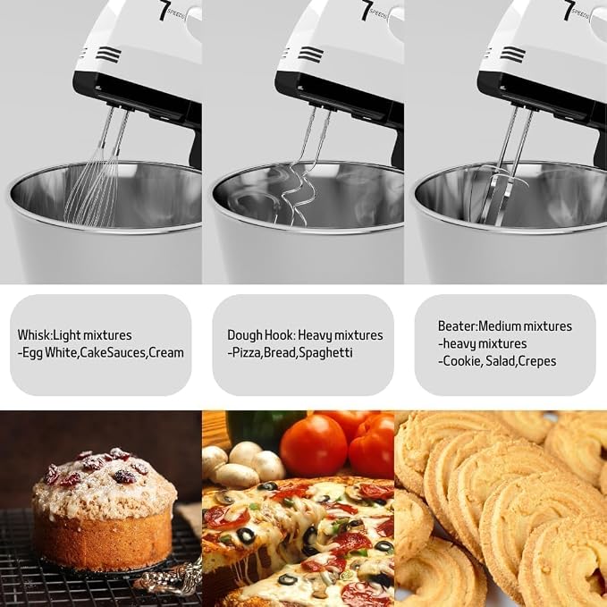 Stand Mixers, 7 Speeds With 3QT Stainless Steel Bowl, Stand and Hand Mixer with Dough Hook, Whisk, Mixing Beater for Baking, Cake, Cookie, Kneading (Silver)