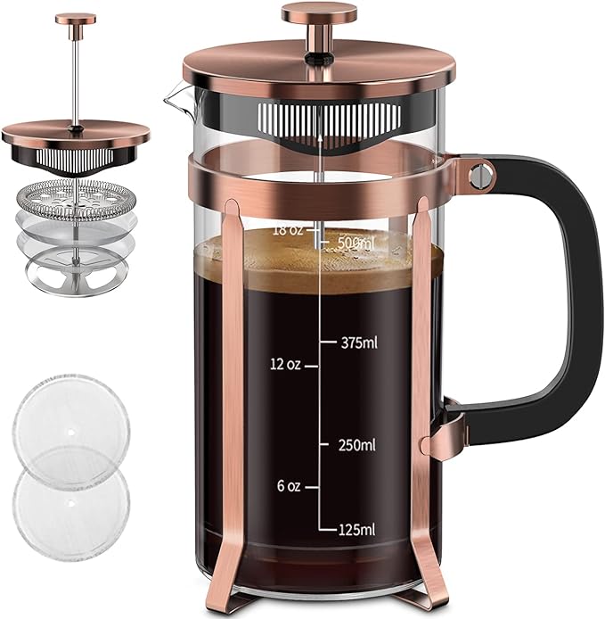 QUQIYSO French Press Coffee Maker 21oz,Borosilicate Glass Coffee Press | Thickened Glass Stainless Steel Coffee French Press,Easy to Clean,4 Filter Suitable for Kitchen Party Camping Gifts (Copper)