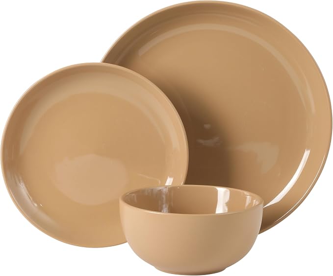 Gibson Home Rockaway 12 Piece Plates and Bowls Matte Outside/Shiny Inside Glaze Service for 4 Dinnerware Set - Assorted Color (Cream, Blue, Beige, Brown) - Dishwasher and Microwave Safe