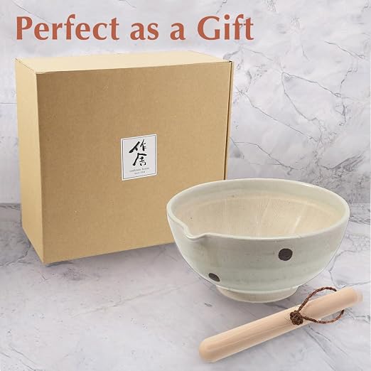 Japanese Ceramic Ripple Ridge Mortar & Pestle Suribachi Bowl and Surikogi Set with Spout 7.1 inches Made in Japan (White)