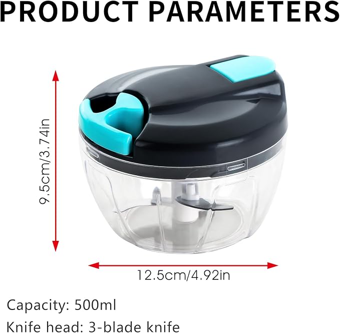 Manual Food Processor Vegetable Chopper (520ml, Blue) | Mini Food Vegetable Chopper, Hand Pull Onion Garlic Nut Fruit Salad Meat Chopper for Kitchen