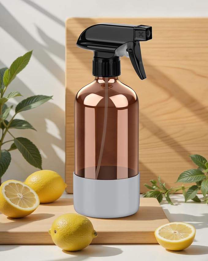 Bontip Amber Glass Spray Bottle, 16 oz with Grey Silicone Sleeve, 1 Pack | Refillable amber glass bottle, With protective silicone sleeve, BPA-free, UV shielding, Great for cleaning solutions,plants