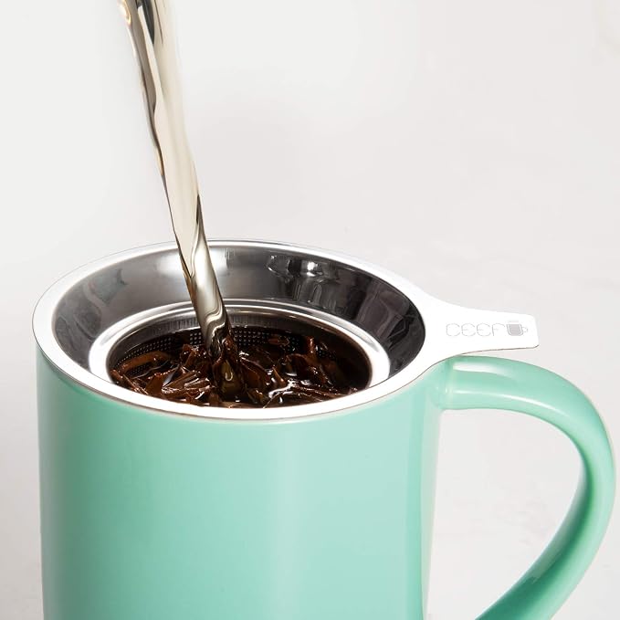CEEFU 16oz Porcelain Tea Mug with Infuser, Lid and Coaster | Teaware with Filter, Loose Leaf Tea Cup Steeper Maker, Tea/Coffee/Milk/Women/Office/Home/Gift, Mint Green