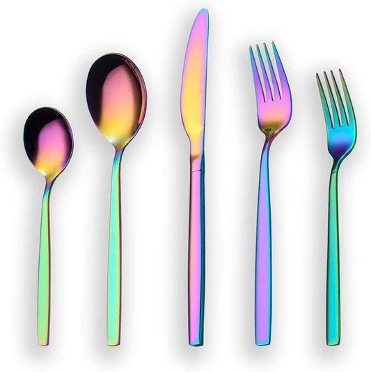 Berglander Rainbow Silverware Set 20 Pieces Service for 4, Colorful Titanium Plating Stainless Steel Flatware Sets, First Apartment Must Have Cutlery Utensils Set, Dishwasher Safe