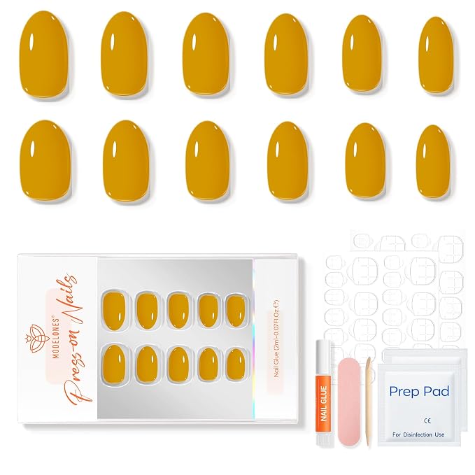 modelones Ginger Yellow Short Press on Nails, Oval Fake Nails Kit | Press Ons with Nail Glue, Adhesive Tabs, Nail File, Prep Pad, Manicure Stick, 32Pcs 16 Sizes, Summer Women Girl Gift