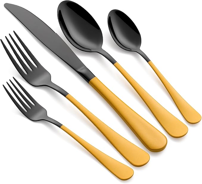 20-Piece Yellow Silverware Set 18/0 Stainless Steel Black Silverware Set Yellow Handle Cutlery Black Set Service for 4 Dinner Knives Forks Spoons Set Flatware Set Finish Dishwasher Safe