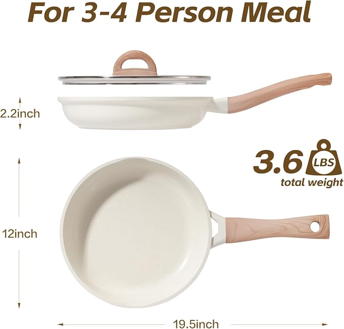 UESLUCK 12 Inch Creamic Non Stick Frying Pan With Lid- Large Creamic Skillet With lid, Omlet Pan Non Stick With Cool-Touch Handle, PFAS & PTFE Free, Compatible with All Stovetops