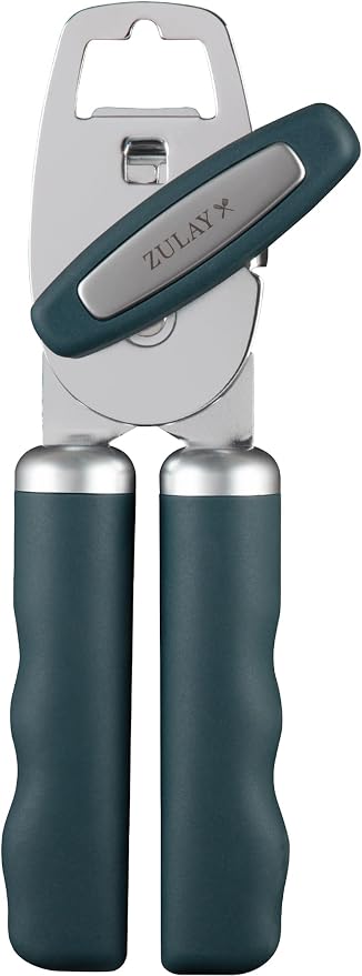 Zulay Kitchen Heavy Duty Stainless Steel Can Opener Manual with Bottle Opener - Rust Proof Manual Can Opener With Turn Knob & Comfy Soft Grip Handles - Green