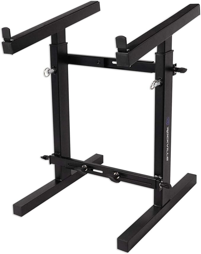 Rockville RXS20 Portable Mixer Stand - Folds Flat - Adjustable Height & Width! | Heavy Duty, 300 lb Capacity, All-Steel, Collapsible, Universal, Soft Padding, Rubber Feet, Fits DJ Controllers and Keyboards