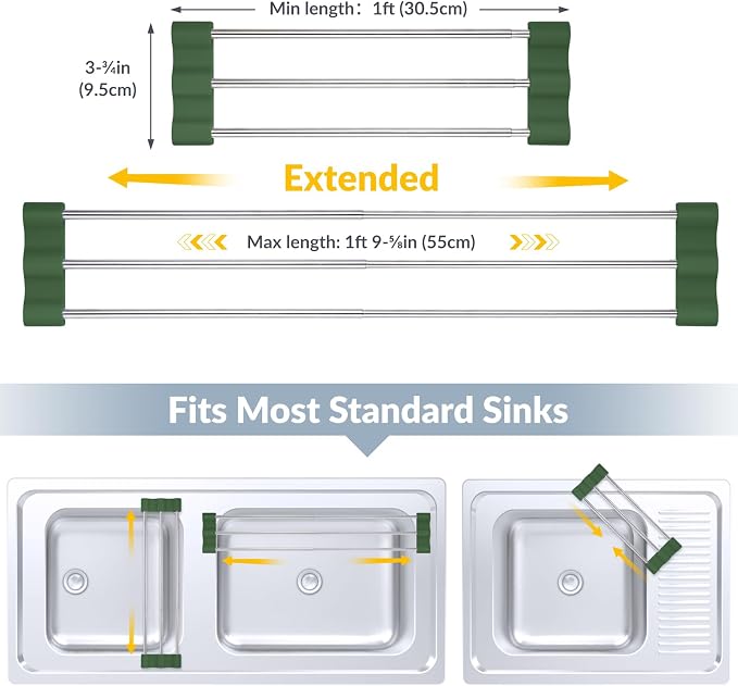 Tomorotec Adjustable Over-The-Sink Kitchen Rack, BPA-Free, Army Green | Holds 16.5 Lbs; For Dishcloths, Sponges, and Brushes - Heat-Resistant Stainless Steel with Slim, Expandable Design