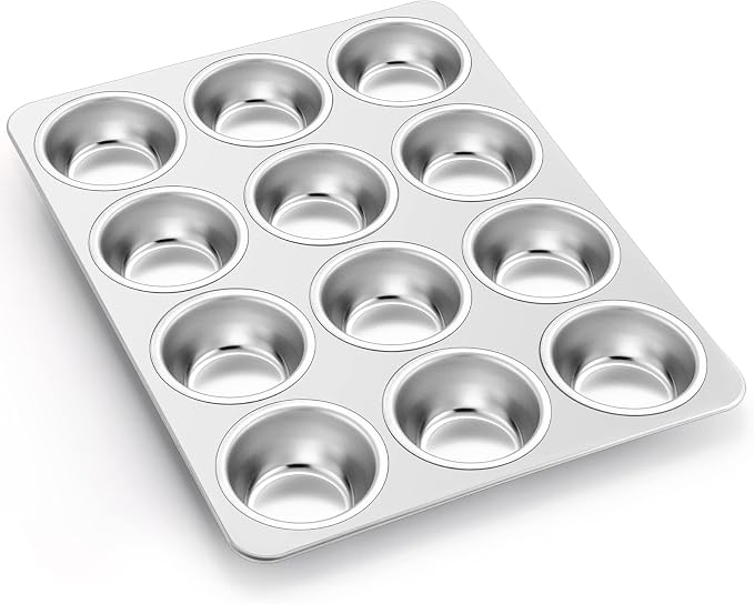 P&P CHEF 12-Cup Muffin Pan Tin, Stainless Steel Cupcake Pan, 1Pc | Muffin Tin for Oven Baking, Dishwasher Safe, Non-Toxic, Standard Size, Ideal for Homemade Muffin Cup Cake Tart Quiche