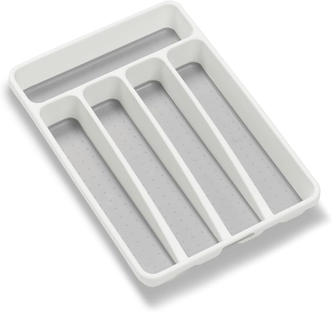 madesmart Classic 5 Compartment Compact Silverware Tray, White | non slip feet, rounded corners, branded icons, soft grip lining, forks knives spoons, flatware sorting, woman owned