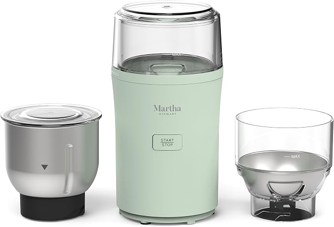 Martha Stewart Electric Coffee & Spice Grinder with Dual Bowls, Honeydew | Dual 2.5oz Removable Bowls for Coffee Beans, Nuts, Herbs & Spices, Stainless Steel Blade, One-Touch Pulse Control, Easy Clean