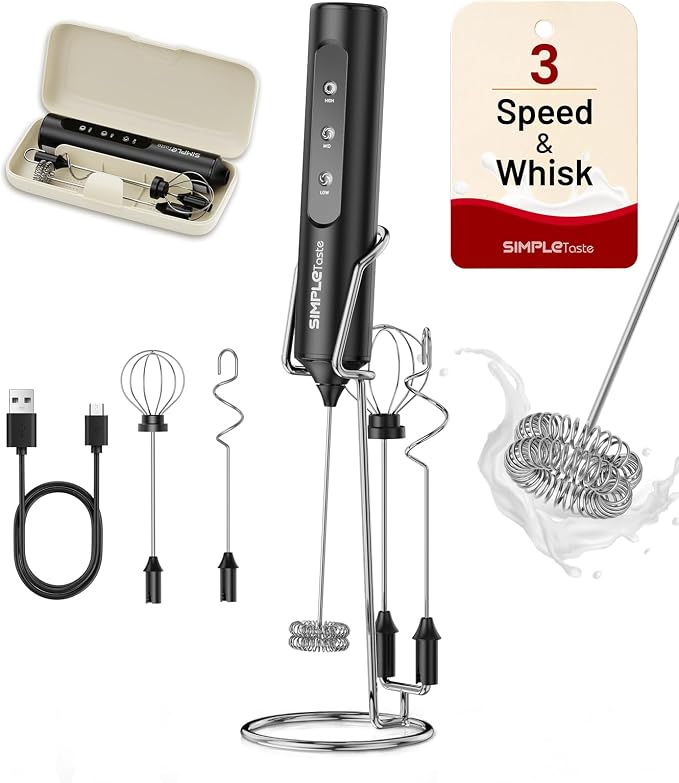 SIMPLETASTE Rechargeable Handheld Milk Frother Wand with Stand | 3 Variable Speeds, 3 Whisks and Storage Box, Electric Drink Mixer for Latte, Cappuccino, Matcha and Protein Powder, Black