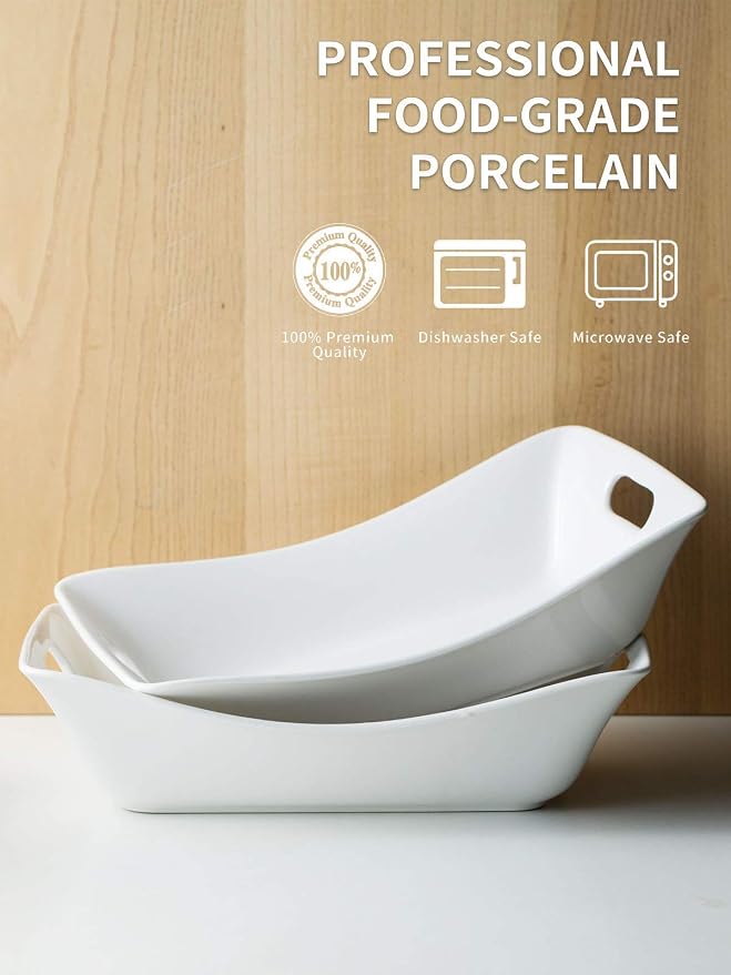 YHOSSEUN Large Serving Bowls with Handles, Serving Dishes For Entertaining | White Serving Dishes, 1.5 Quarts Ceramic Bowl Set Rectangle Serving Platter for Thanksgiving, Set of 2