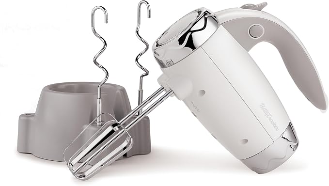 Betty Crocker 7-Speed Power-Up™ Hand Mixer with Stand, BC-4208W, White | 300 Watt Electric Mixer with Beaters and Dough Hooks, Ergonomic Electric Hand Blender for Home & Kitchen with Stand