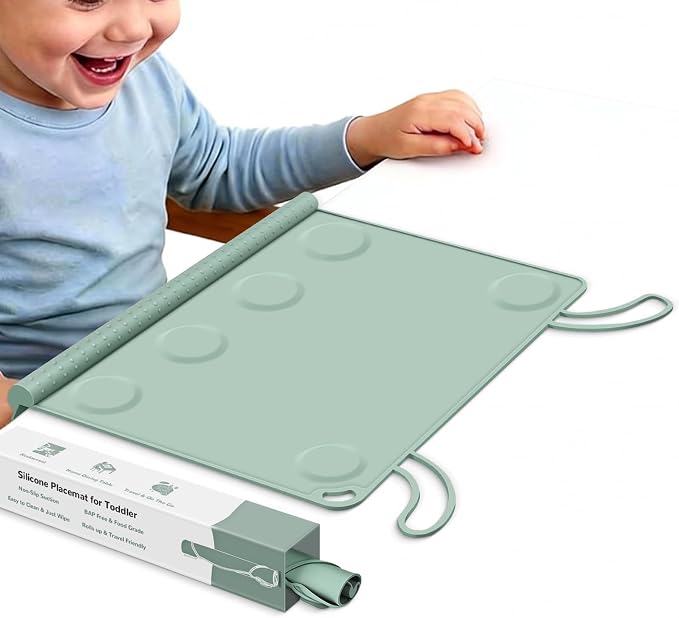 Silicone Placemat for Toddler Eating: Wipe Clean & Roll Up in The Diaper Bag - Table Mat for Restaurant/Travel/On-The-Go