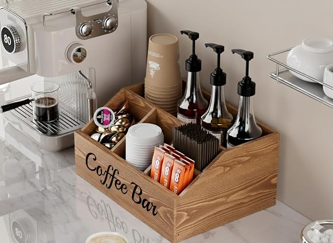 Coffee Station Organizer for Countertop – Wooden Coffee Bar Organizer with Adjustable Dividers,Holds K Cup Pod & syrup bottles, for Kitchen, Office, or Bar and Tea Station, Brown