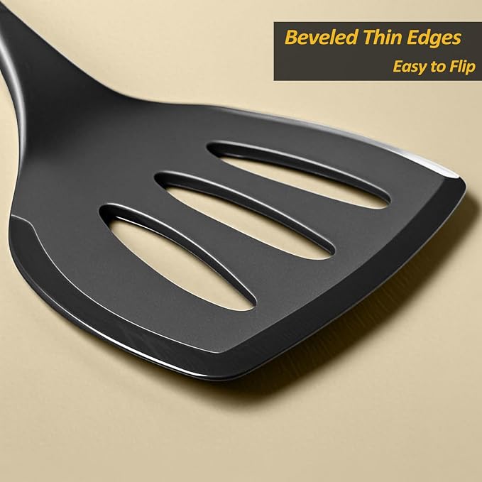 Silicone Pancake Spatula Turner with Lengthened Handle& Seamless Design, Heat Resistant Slotted Flipper for Nonstick Cookware, Large Flexible Kitchen Utensils for Egg, Pancake, Burger, Slotted Black