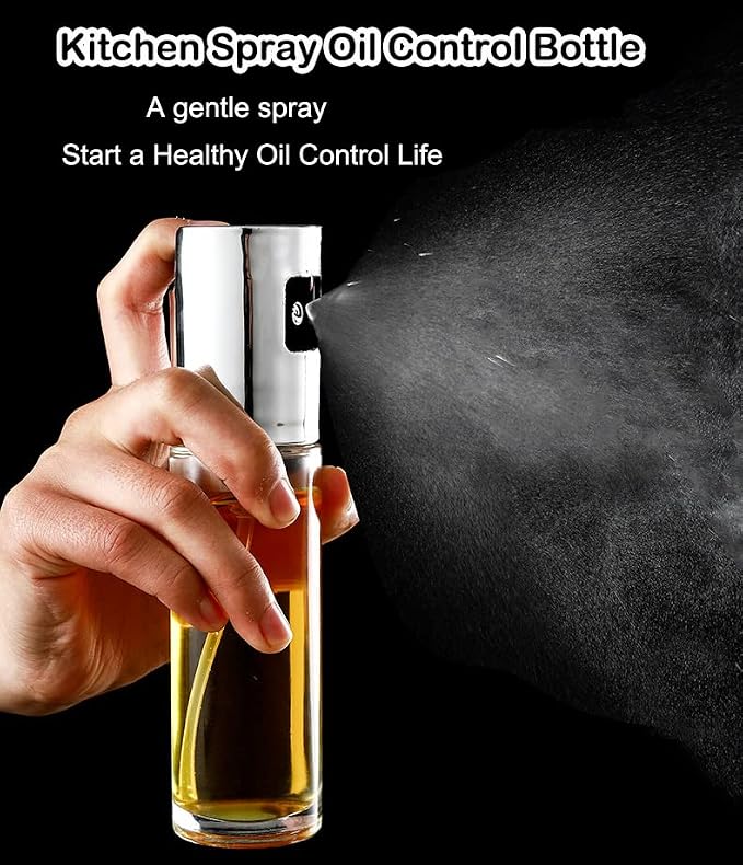 AKOAK 1 Count Cooking Oil Sprayer, 100ml Olive Oil Dispenser, Food Grade Clear Glass Spray Bottle, for Barbecue/Salad/Kitchen Baking (Silver)