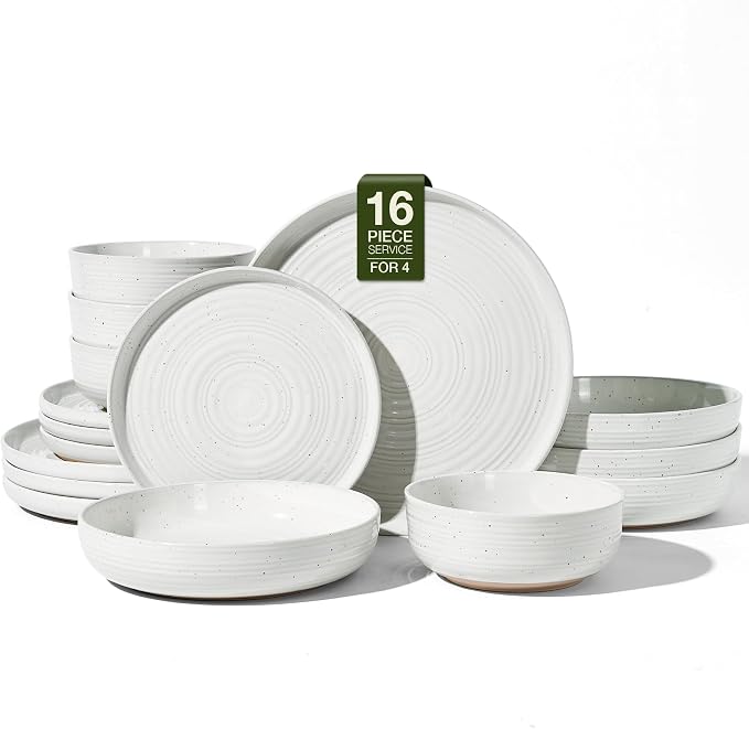Stoneware Dinnerware Sets with Pasta Bowls, Service for 4 | 16-Piece Ceramic Plates and Bowls, Speckled Spiral Dishes, Chip & Scratch Resistant, Microwave & Dishwasher Safe, White Honey