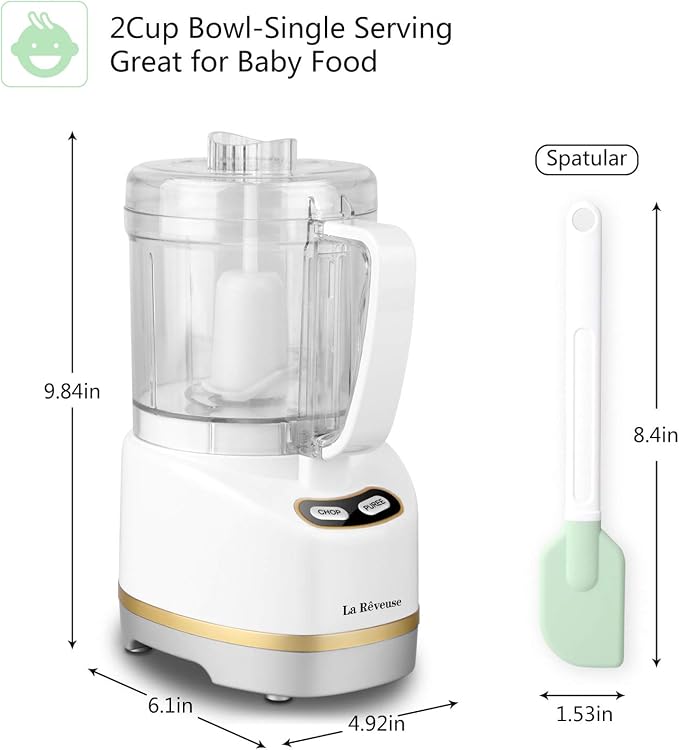 La Reveuse 2 Cup Mini Food Processor, Electric Chopper Small, White | for Mincing, Chopping, Grinding, Blending, Puree, 2 Pulse Speeds, Dishwasher Safe, (1) Spatula Included, 200 Watts, LARB1814W