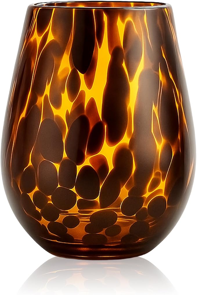 SiliFine 1 Pcs Tortoise Shell Wine Glasses, 16oz Vintage Brown Decorative Glassware, Aesthetic Hand Blown Leopard Print Stemless Drinkware for Cocktail, Gin, Gifts for Party, Housewarming