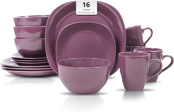 HomeVss, Stoneware Square 16pc Dinnerware Set, Matte Purple