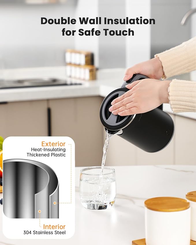 Small Kettle Electric, 0.8L Double Wall Portable Travel Kettle with 304 Stainless Steel, 600W Mini Hot Water Boiler with Auto Shut-off, Fast Boil, BPA-Free
