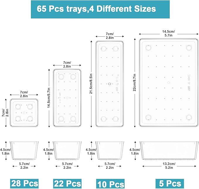 Manalete Drawer Organizers Set of 65, 4 Sizes Clear Plastic Drawer Organizers and Storage Bins for Kitchen, Bathroom, Office, Dresser Desk Drawer Organizer Tray for Jewelry, Makeup, Junk, Gadgets
