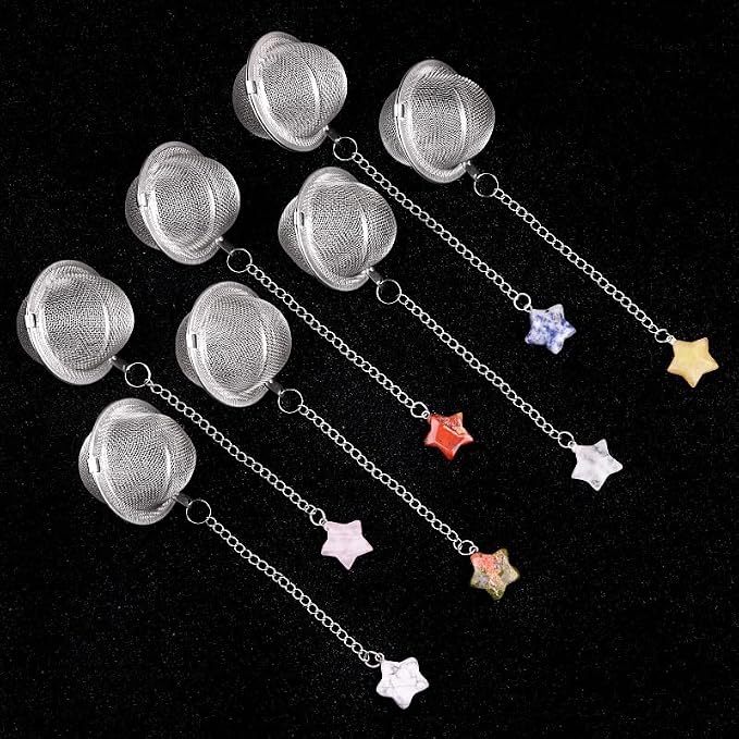 5 Pcs Stainless Steel Tea Ball Infusers with Star Natural Crystal Charms, Fine Mesh Tea Strainers with Extension Chain & Hook for Loose Leaf Tea, Spices, Seasonings
