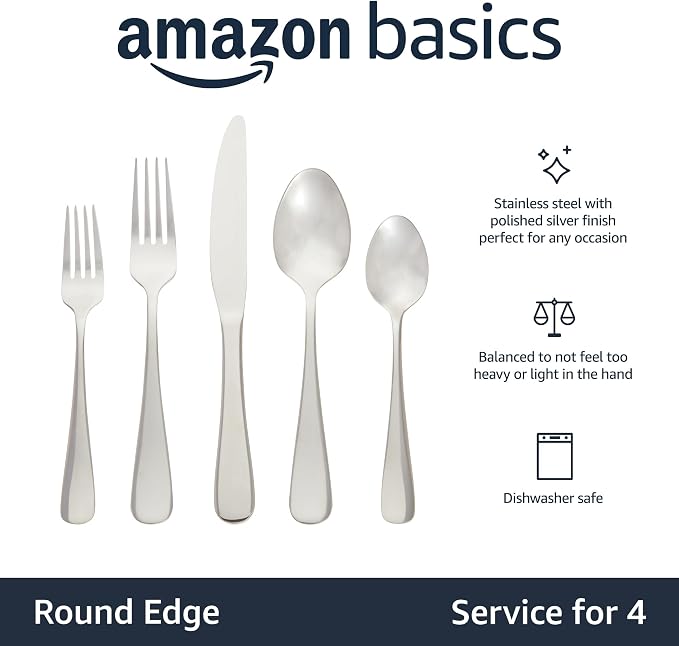 Amazon Basics Silverware Set, Stainless Steel Flatware, Dishwasher Safe, Service for 4, 20-Piece Forks and Spoons, Round Edge, Everyday Use (Pack of 2)